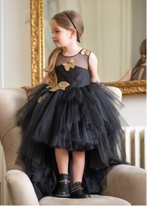 Black Asymmetrical Tulle Gold Butterflies Flower Girl Dress